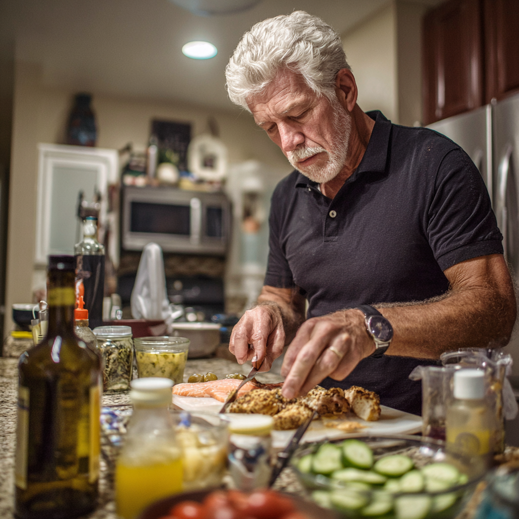 Чоловік 58 років готує здорову їжу на кухні за рецептом з slinterok