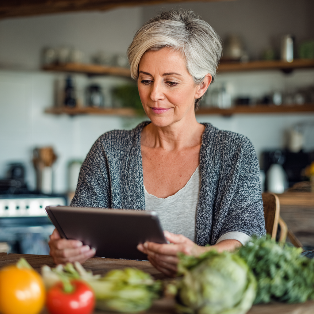 Жінка 55 років обирає цілі харчування на планшеті